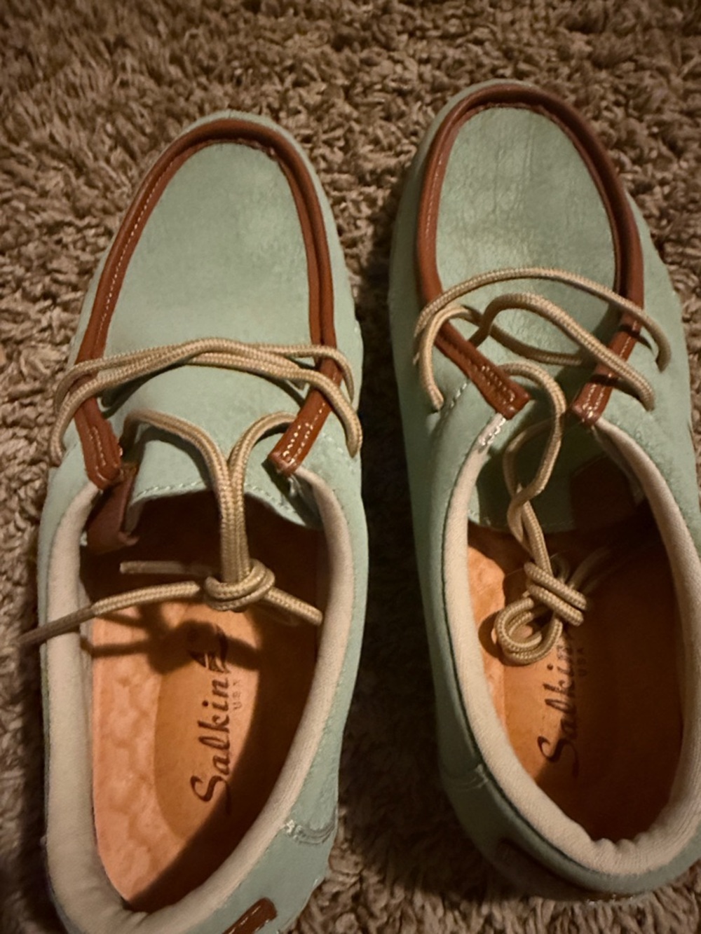 Sperry-Style Mint Green Boat Shoes with Brown Trim